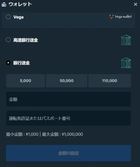 stake カジノに入金する手順３ー銀行送金を選択
